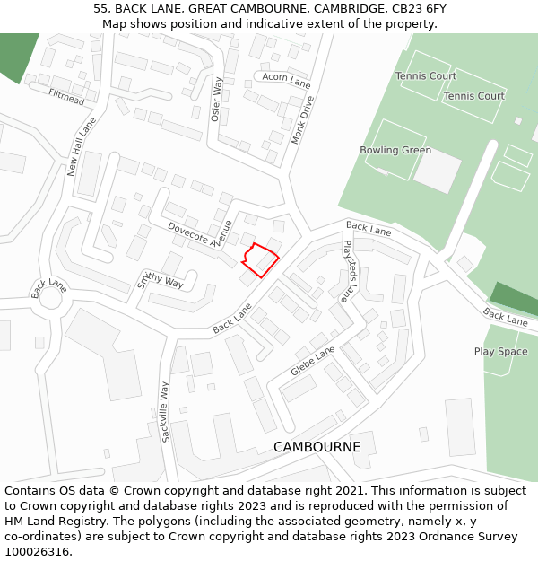 55, BACK LANE, GREAT CAMBOURNE, CAMBRIDGE, CB23 6FY: Location map and indicative extent of plot