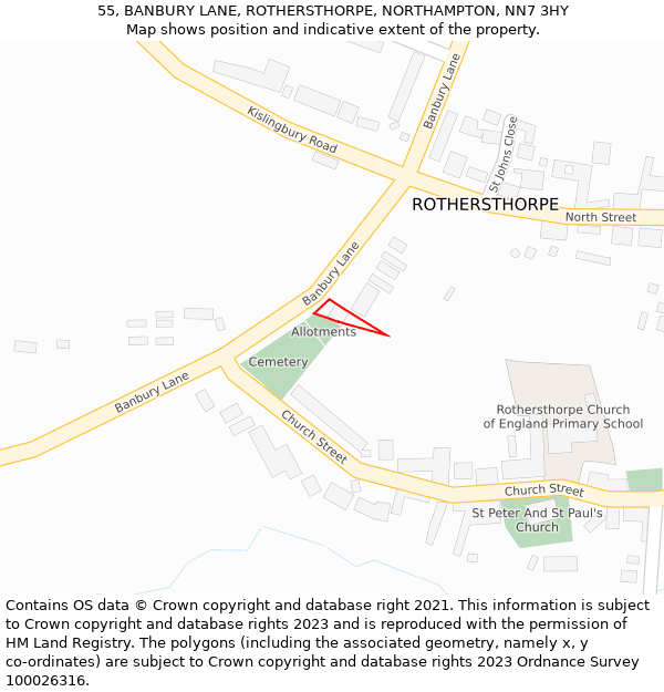 55, BANBURY LANE, ROTHERSTHORPE, NORTHAMPTON, NN7 3HY: Location map and indicative extent of plot