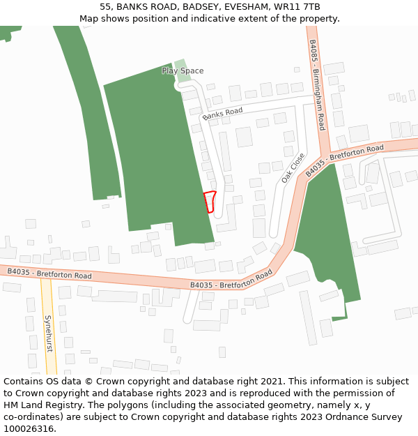 55, BANKS ROAD, BADSEY, EVESHAM, WR11 7TB: Location map and indicative extent of plot