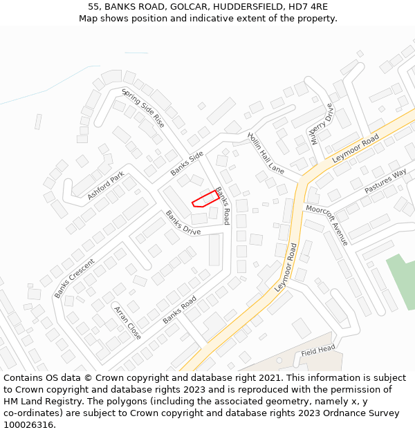 55, BANKS ROAD, GOLCAR, HUDDERSFIELD, HD7 4RE: Location map and indicative extent of plot