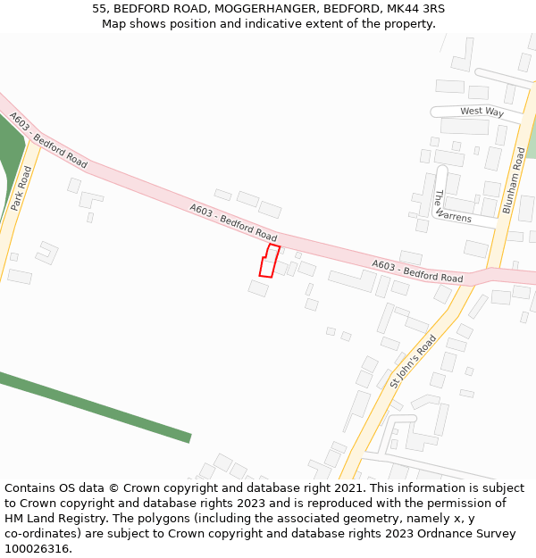 55, BEDFORD ROAD, MOGGERHANGER, BEDFORD, MK44 3RS: Location map and indicative extent of plot