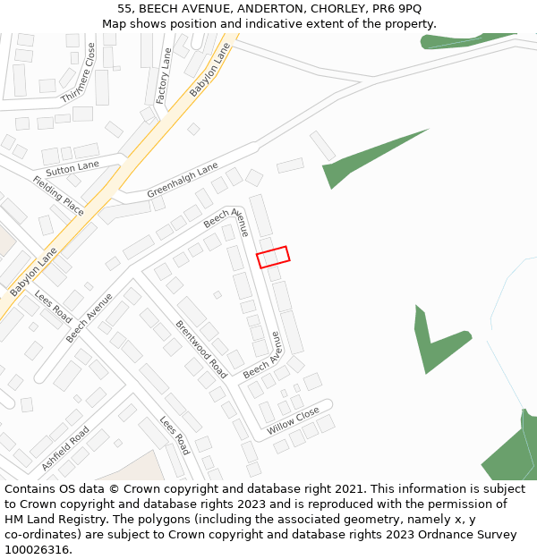 55, BEECH AVENUE, ANDERTON, CHORLEY, PR6 9PQ: Location map and indicative extent of plot
