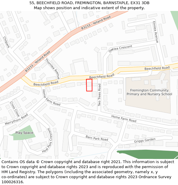 55, BEECHFIELD ROAD, FREMINGTON, BARNSTAPLE, EX31 3DB: Location map and indicative extent of plot