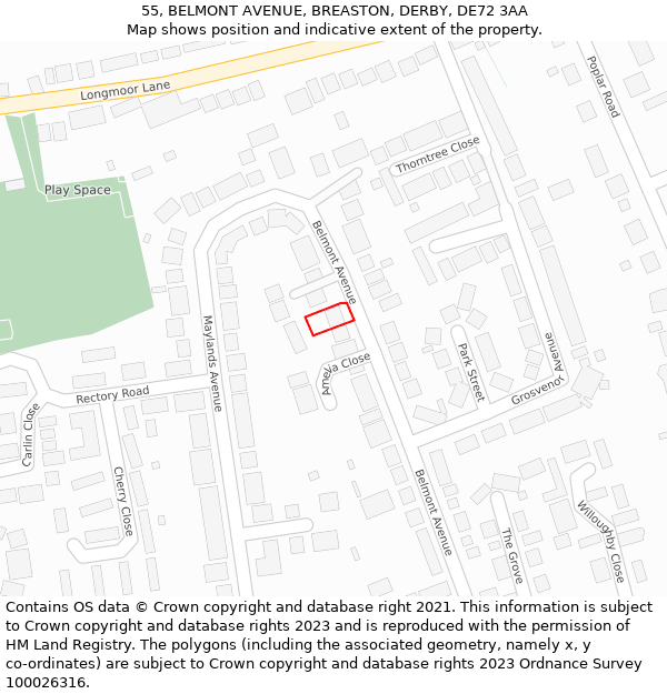 55, BELMONT AVENUE, BREASTON, DERBY, DE72 3AA: Location map and indicative extent of plot