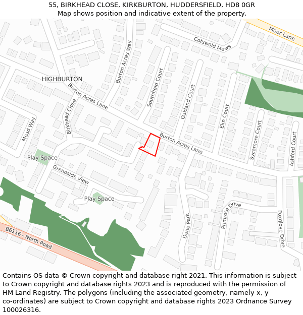 55, BIRKHEAD CLOSE, KIRKBURTON, HUDDERSFIELD, HD8 0GR: Location map and indicative extent of plot