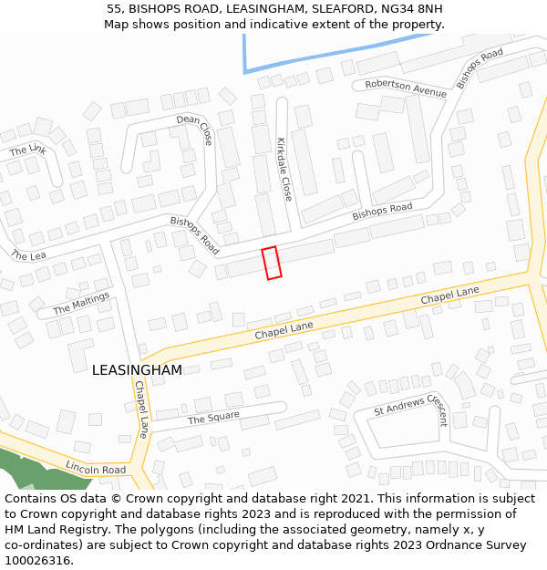 55, BISHOPS ROAD, LEASINGHAM, SLEAFORD, NG34 8NH: Location map and indicative extent of plot