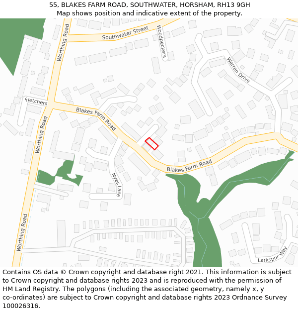 55, BLAKES FARM ROAD, SOUTHWATER, HORSHAM, RH13 9GH: Location map and indicative extent of plot