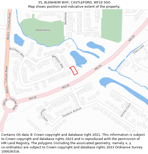 55, BLENHEIM WAY, CASTLEFORD, WF10 5GG: Location map and indicative extent of plot