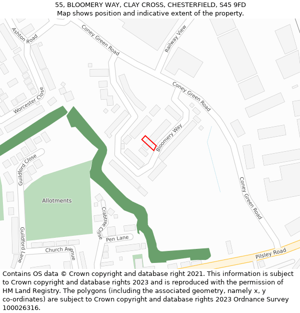 55, BLOOMERY WAY, CLAY CROSS, CHESTERFIELD, S45 9FD: Location map and indicative extent of plot