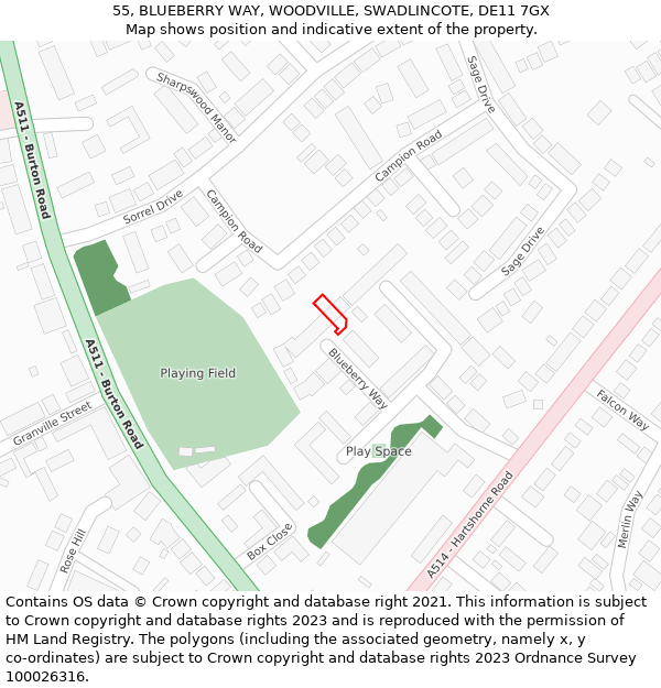 55, BLUEBERRY WAY, WOODVILLE, SWADLINCOTE, DE11 7GX: Location map and indicative extent of plot