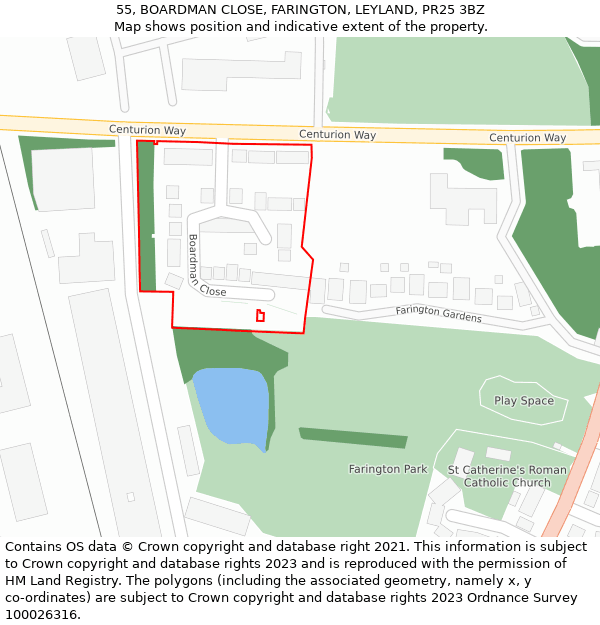 55, BOARDMAN CLOSE, FARINGTON, LEYLAND, PR25 3BZ: Location map and indicative extent of plot