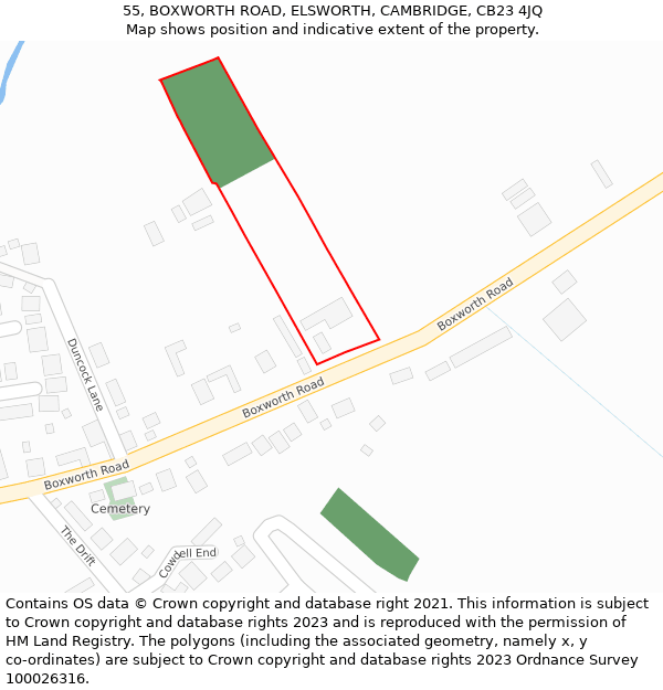 55, BOXWORTH ROAD, ELSWORTH, CAMBRIDGE, CB23 4JQ: Location map and indicative extent of plot