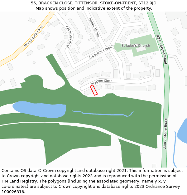 55, BRACKEN CLOSE, TITTENSOR, STOKE-ON-TRENT, ST12 9JD: Location map and indicative extent of plot