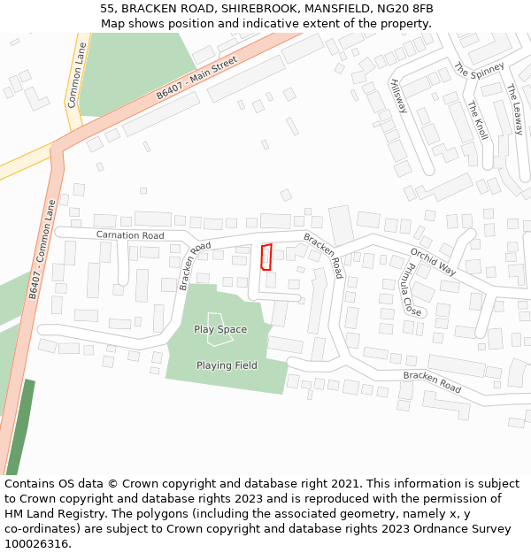 55, BRACKEN ROAD, SHIREBROOK, MANSFIELD, NG20 8FB: Location map and indicative extent of plot