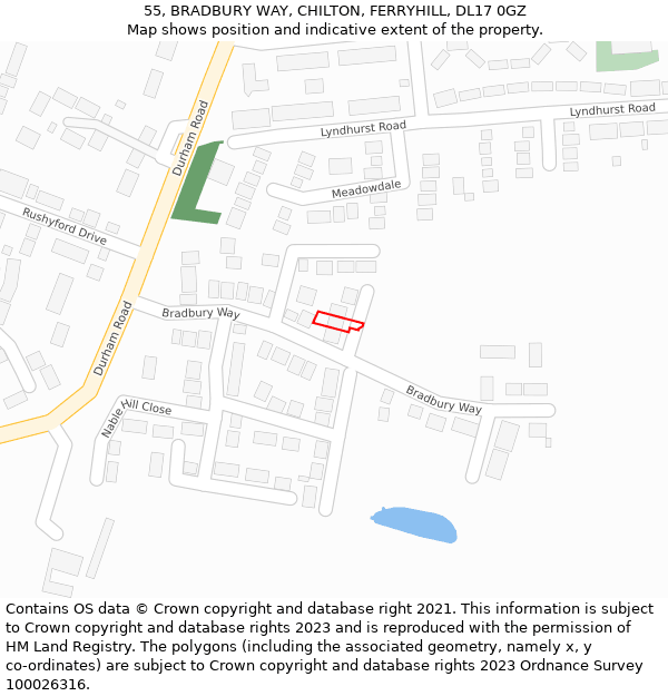 55, BRADBURY WAY, CHILTON, FERRYHILL, DL17 0GZ: Location map and indicative extent of plot