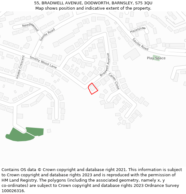 55, BRADWELL AVENUE, DODWORTH, BARNSLEY, S75 3QU: Location map and indicative extent of plot