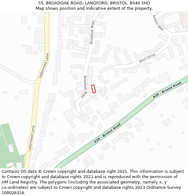 55, BROADOAK ROAD, LANGFORD, BRISTOL, BS40 5HD: Location map and indicative extent of plot