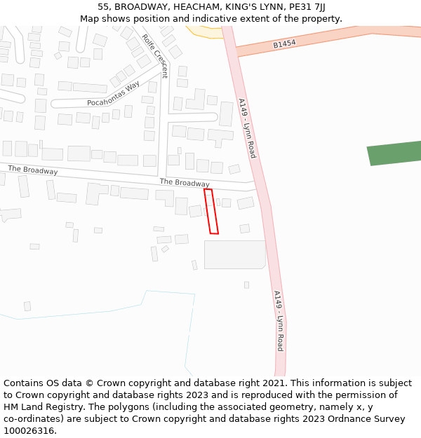 55, BROADWAY, HEACHAM, KING'S LYNN, PE31 7JJ: Location map and indicative extent of plot