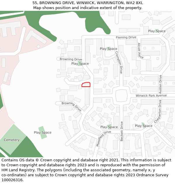 55, BROWNING DRIVE, WINWICK, WARRINGTON, WA2 8XL: Location map and indicative extent of plot