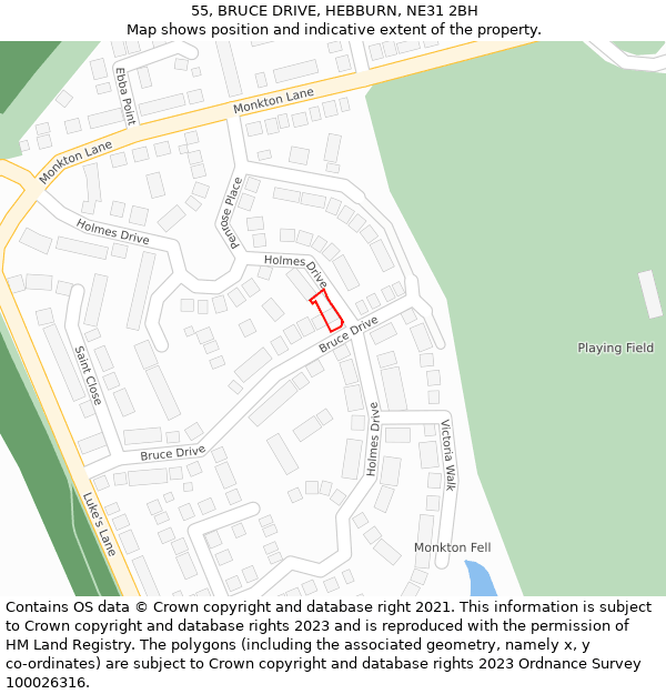 55, BRUCE DRIVE, HEBBURN, NE31 2BH: Location map and indicative extent of plot