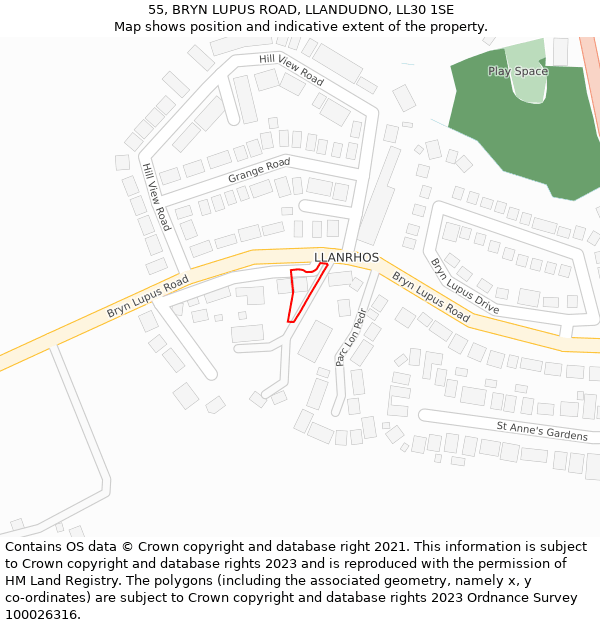 55, BRYN LUPUS ROAD, LLANDUDNO, LL30 1SE: Location map and indicative extent of plot