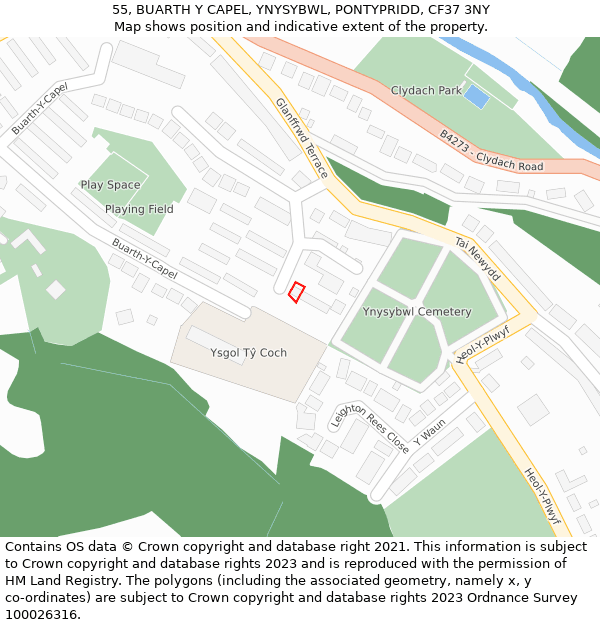 55, BUARTH Y CAPEL, YNYSYBWL, PONTYPRIDD, CF37 3NY: Location map and indicative extent of plot