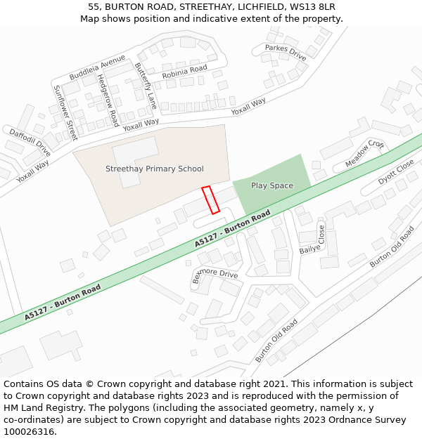 55, BURTON ROAD, STREETHAY, LICHFIELD, WS13 8LR: Location map and indicative extent of plot