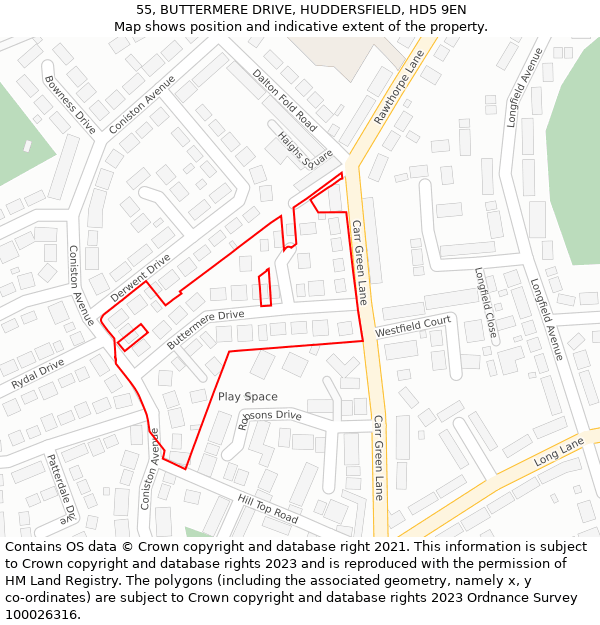 55, BUTTERMERE DRIVE, HUDDERSFIELD, HD5 9EN: Location map and indicative extent of plot