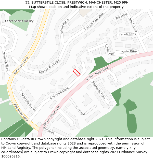 55, BUTTERSTILE CLOSE, PRESTWICH, MANCHESTER, M25 9PH: Location map and indicative extent of plot