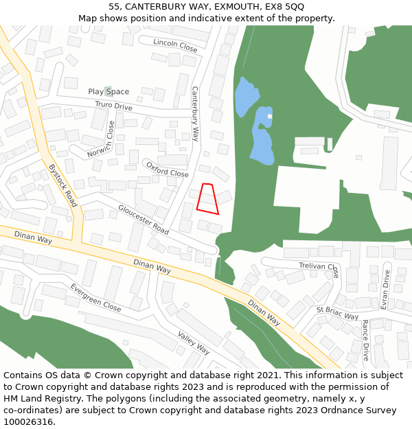 55, CANTERBURY WAY, EXMOUTH, EX8 5QQ: Location map and indicative extent of plot