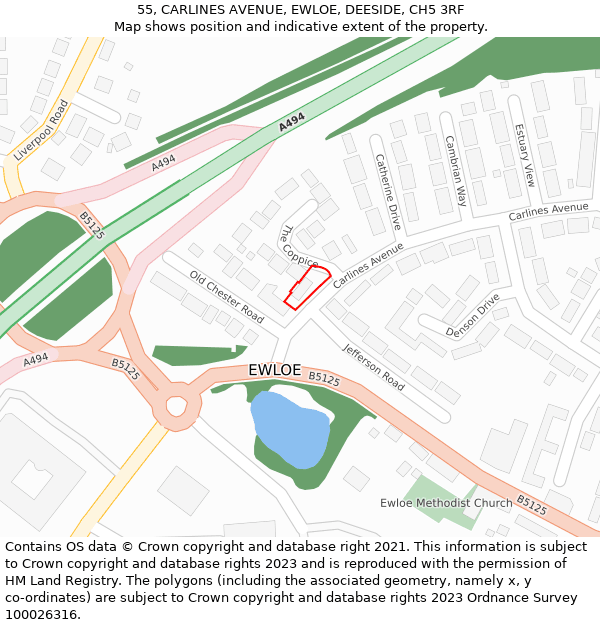 55, CARLINES AVENUE, EWLOE, DEESIDE, CH5 3RF: Location map and indicative extent of plot