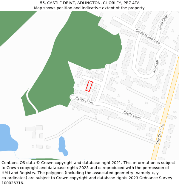 55, CASTLE DRIVE, ADLINGTON, CHORLEY, PR7 4EA: Location map and indicative extent of plot