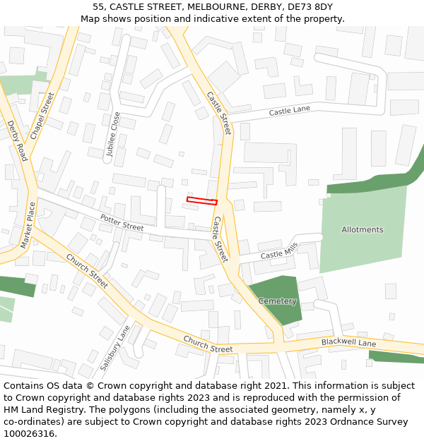 55, CASTLE STREET, MELBOURNE, DERBY, DE73 8DY: Location map and indicative extent of plot