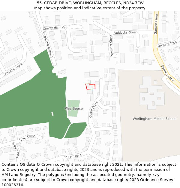 55, CEDAR DRIVE, WORLINGHAM, BECCLES, NR34 7EW: Location map and indicative extent of plot