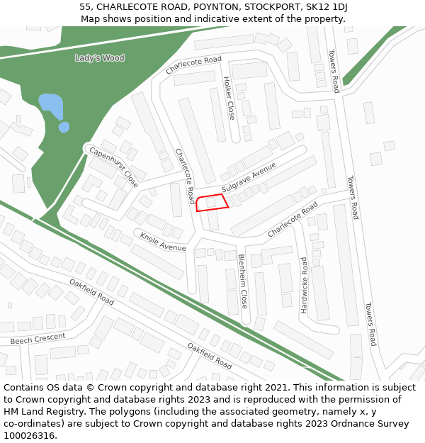 55, CHARLECOTE ROAD, POYNTON, STOCKPORT, SK12 1DJ: Location map and indicative extent of plot