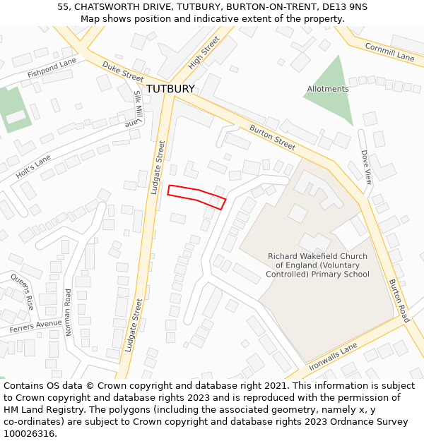 55, CHATSWORTH DRIVE, TUTBURY, BURTON-ON-TRENT, DE13 9NS: Location map and indicative extent of plot