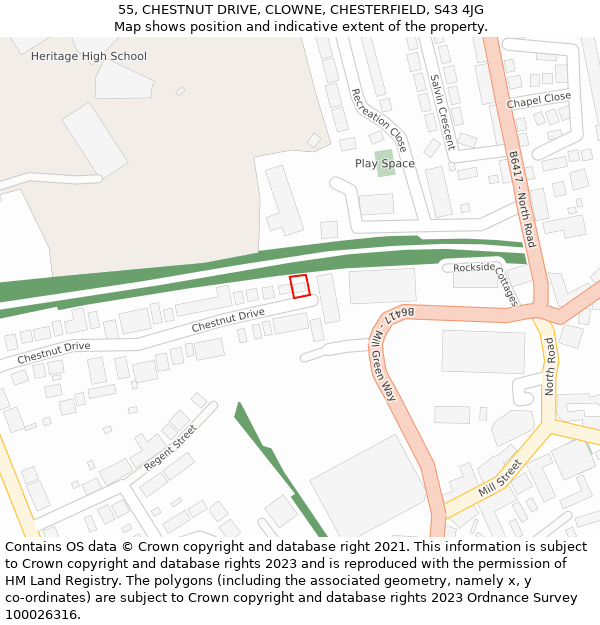 55, CHESTNUT DRIVE, CLOWNE, CHESTERFIELD, S43 4JG: Location map and indicative extent of plot