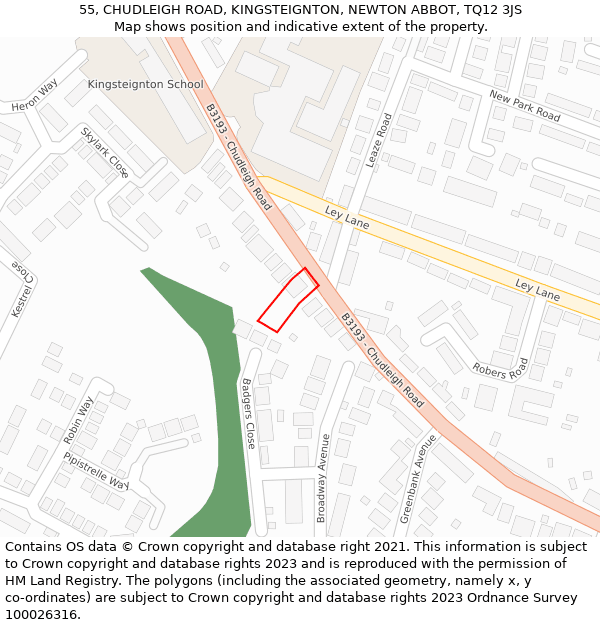 55, CHUDLEIGH ROAD, KINGSTEIGNTON, NEWTON ABBOT, TQ12 3JS: Location map and indicative extent of plot
