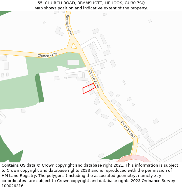 55, CHURCH ROAD, BRAMSHOTT, LIPHOOK, GU30 7SQ: Location map and indicative extent of plot