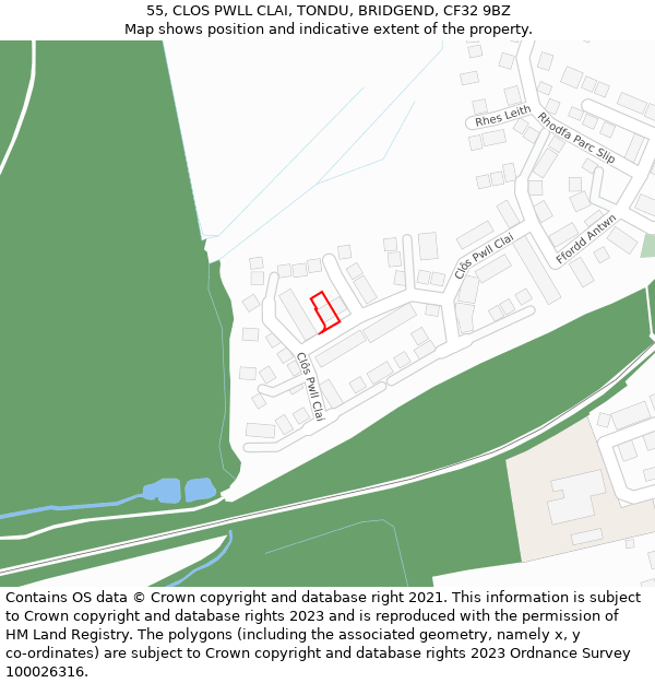 55, CLOS PWLL CLAI, TONDU, BRIDGEND, CF32 9BZ: Location map and indicative extent of plot