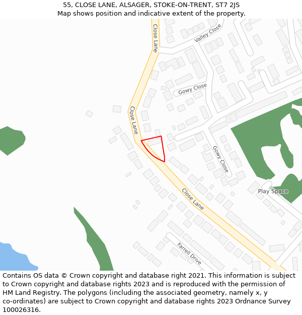 55, CLOSE LANE, ALSAGER, STOKE-ON-TRENT, ST7 2JS: Location map and indicative extent of plot