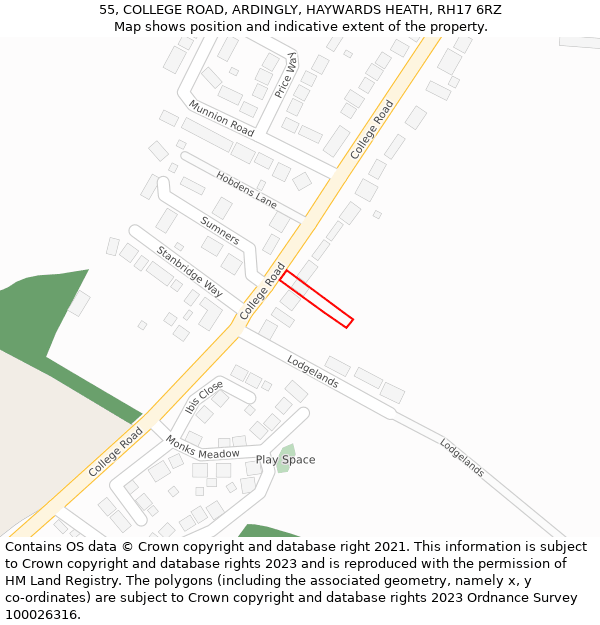 55, COLLEGE ROAD, ARDINGLY, HAYWARDS HEATH, RH17 6RZ: Location map and indicative extent of plot