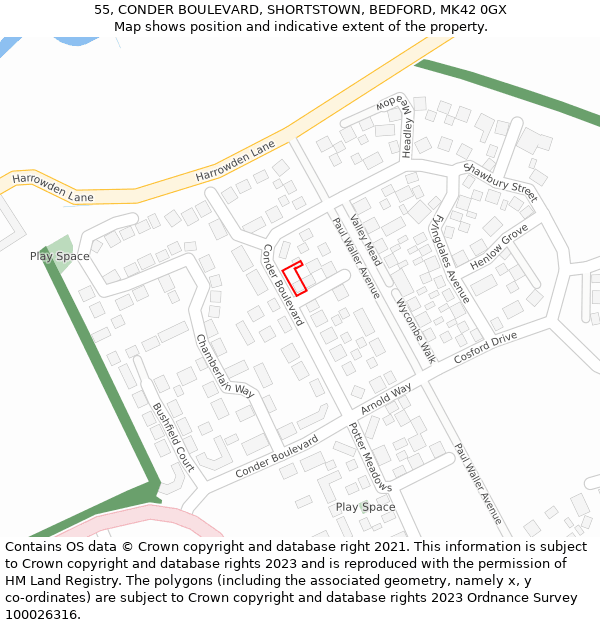 55, CONDER BOULEVARD, SHORTSTOWN, BEDFORD, MK42 0GX: Location map and indicative extent of plot