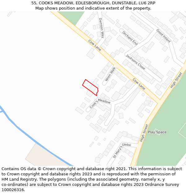 55, COOKS MEADOW, EDLESBOROUGH, DUNSTABLE, LU6 2RP: Location map and indicative extent of plot