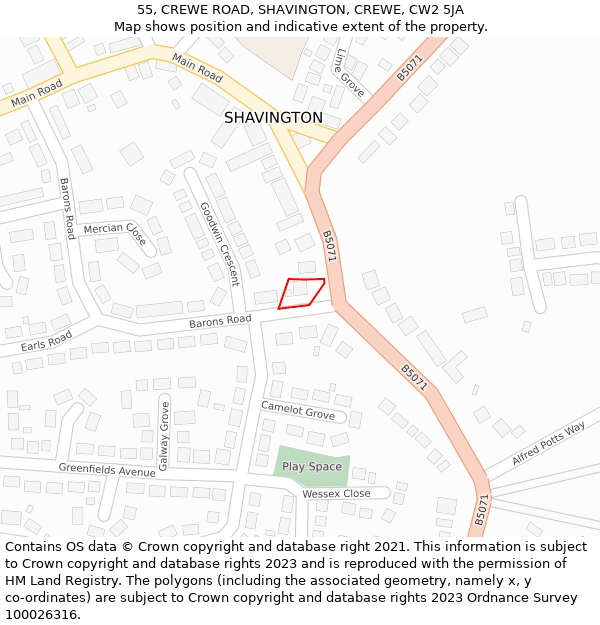 55, CREWE ROAD, SHAVINGTON, CREWE, CW2 5JA: Location map and indicative extent of plot