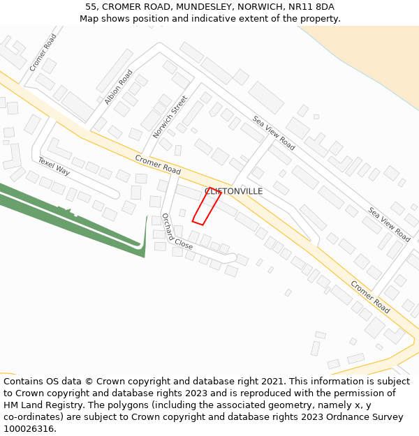 55, CROMER ROAD, MUNDESLEY, NORWICH, NR11 8DA: Location map and indicative extent of plot