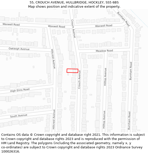 55, CROUCH AVENUE, HULLBRIDGE, HOCKLEY, SS5 6BS: Location map and indicative extent of plot