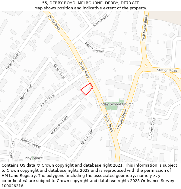 55, DERBY ROAD, MELBOURNE, DERBY, DE73 8FE: Location map and indicative extent of plot