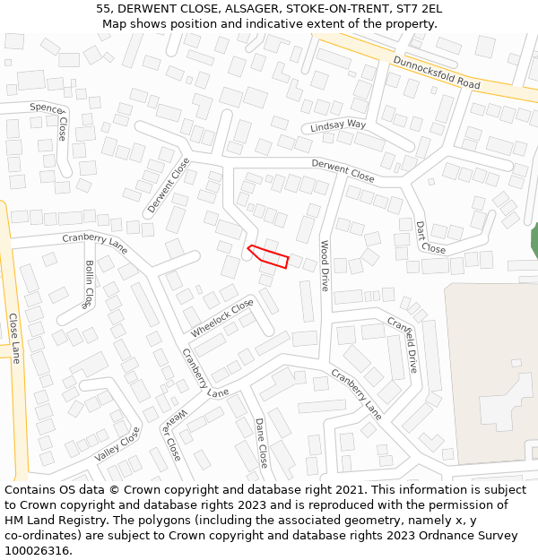 55, DERWENT CLOSE, ALSAGER, STOKE-ON-TRENT, ST7 2EL: Location map and indicative extent of plot