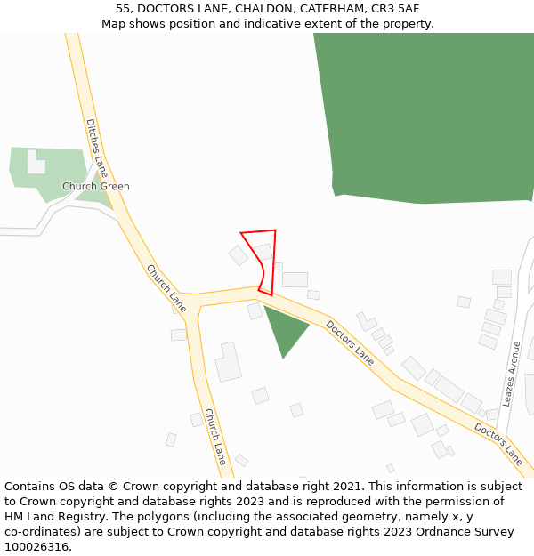 55, DOCTORS LANE, CHALDON, CATERHAM, CR3 5AF: Location map and indicative extent of plot